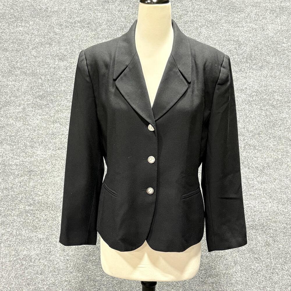 Kasper Blazer Womens 14P Black Three Button Petite Suit Jacket Lined Career